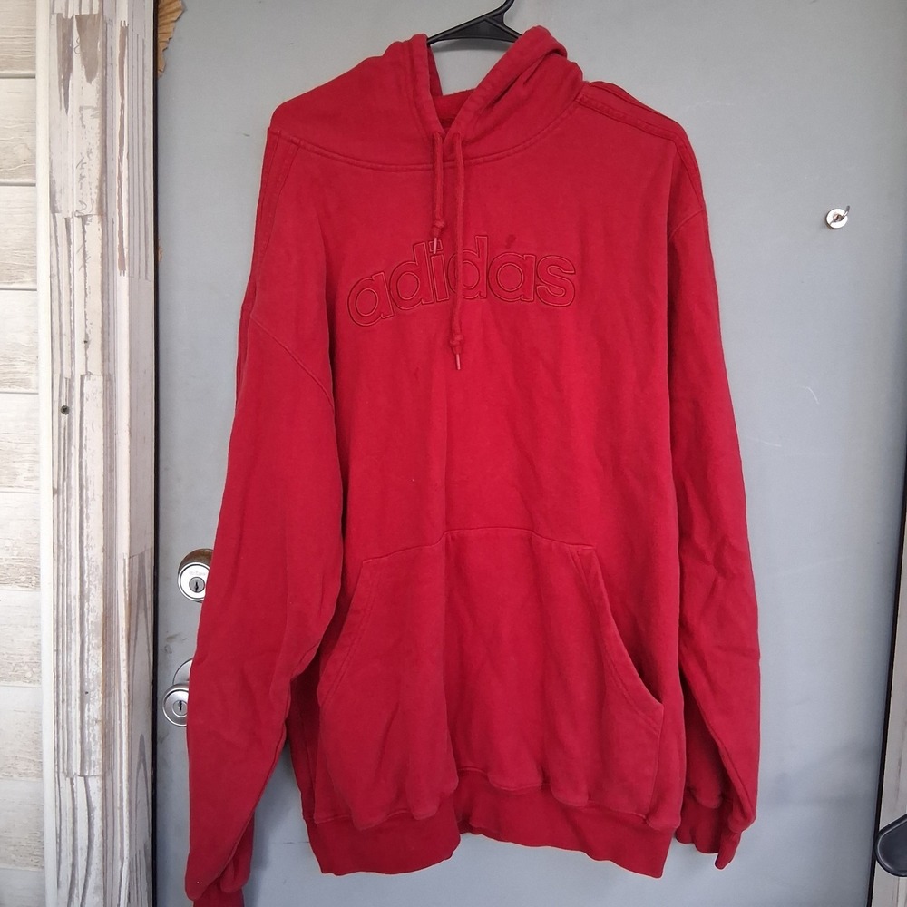 Vintage Y2K Adidas Red Pullover Embroidered Spellout Hoodie Mens L‎ VGUC